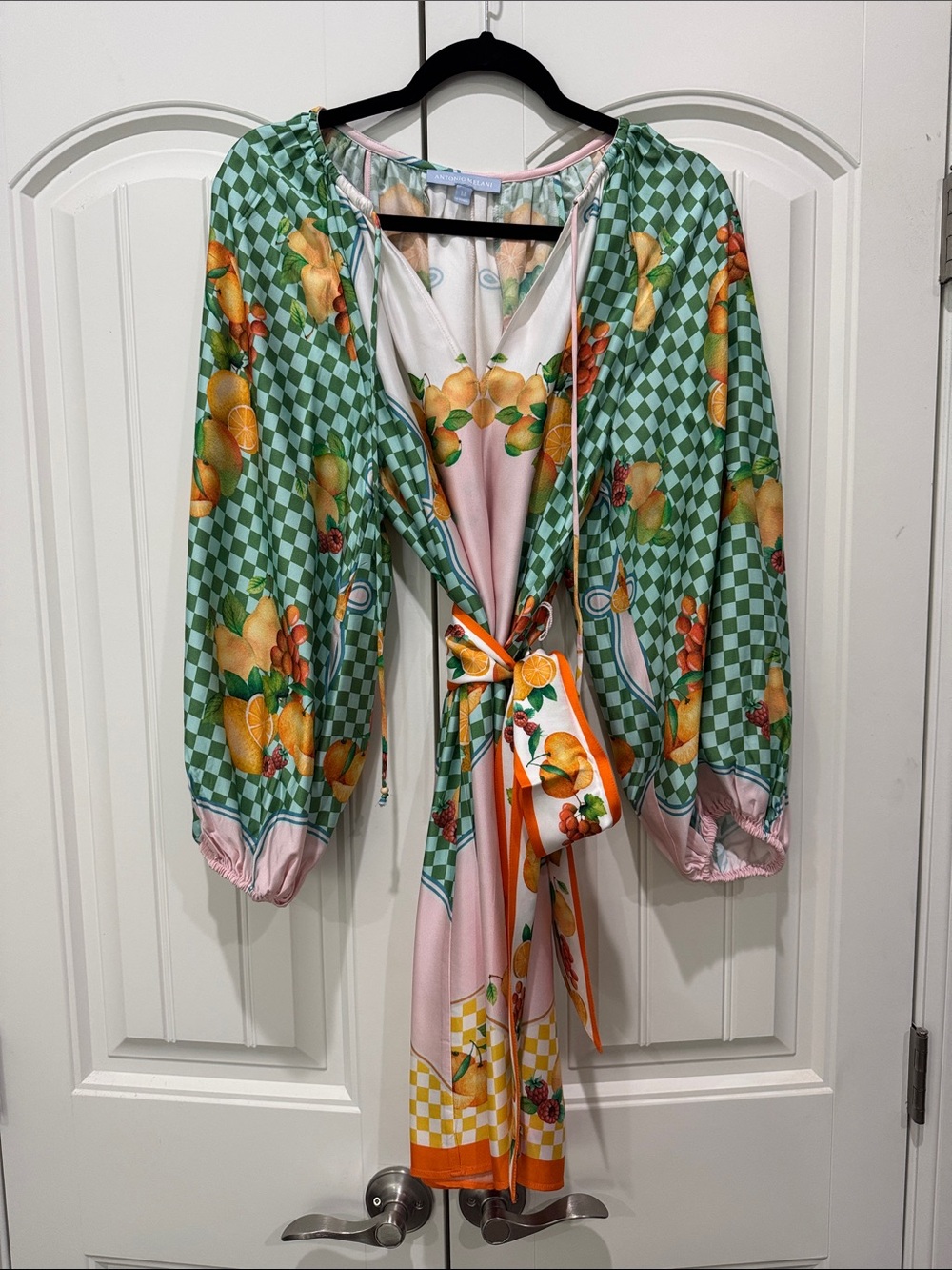 ANTONIO MELANI White dress with Green and Pink Trim, - Picture 2 of 6